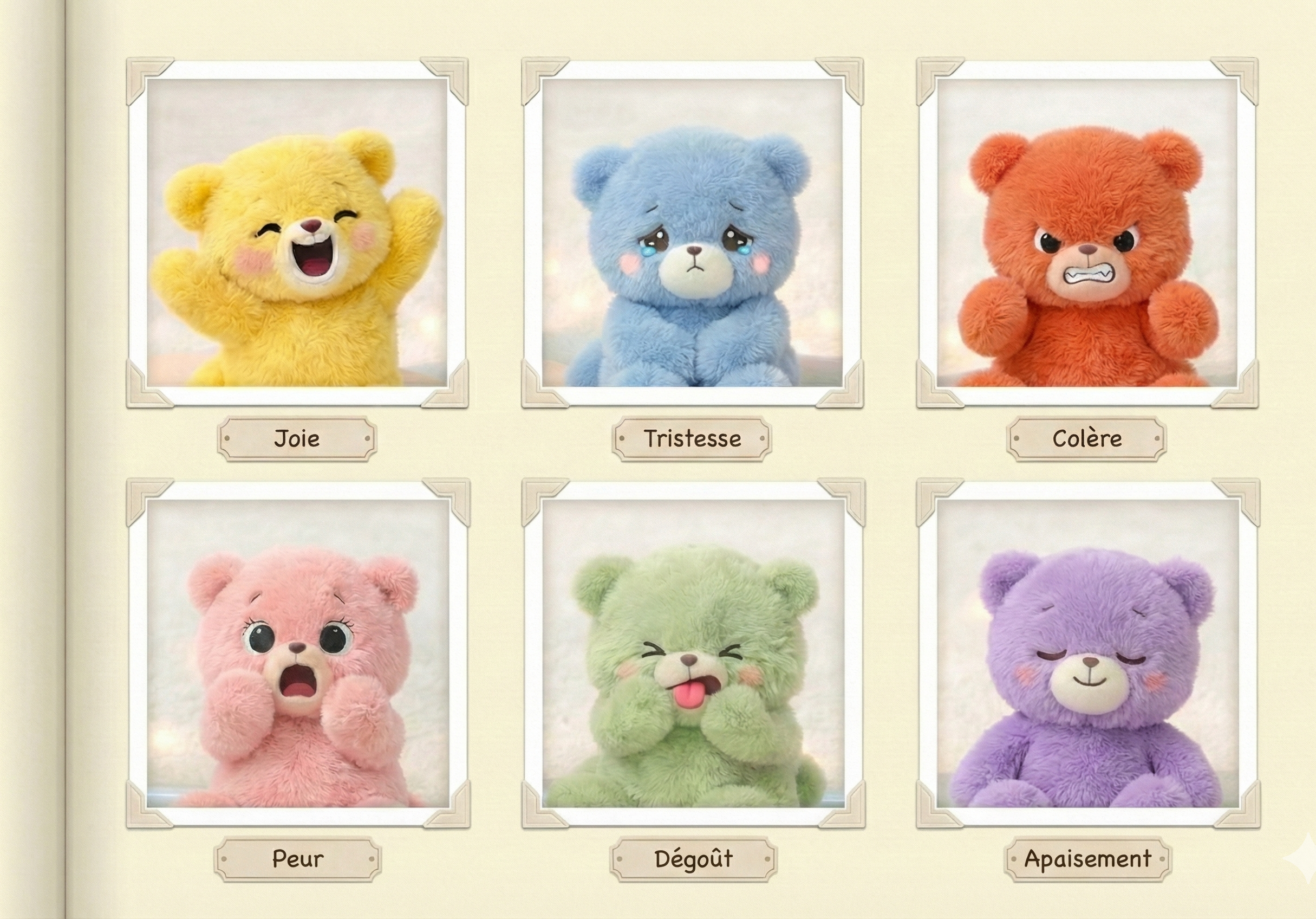 Peluches représentant les émotions que peuvent ressentir les enfants lors d'une séance "Raconte-moi mon histoire" afin d'aller vers la sérénité